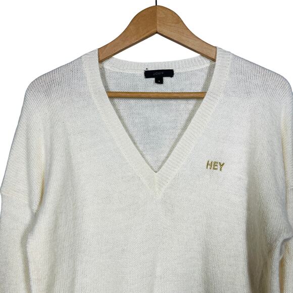 J Crew Wool Mohair Blend V Neck Sweater Embroidered HEY Cream Gold - S - Picture 1 of 5